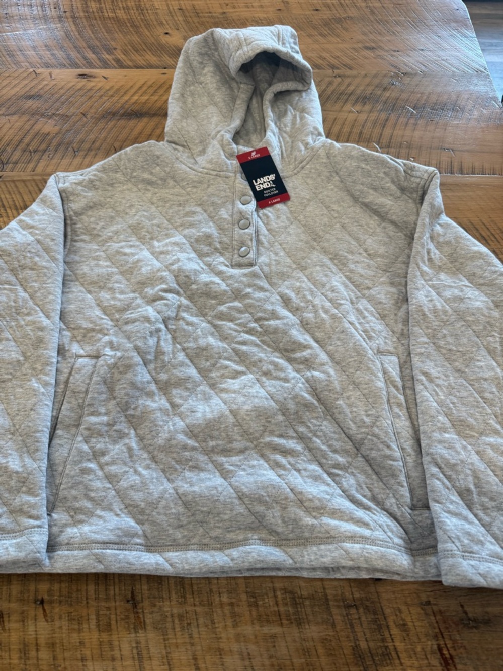 NEW Lands' End Quilted Pullover Hoodie - Light Heather Gray